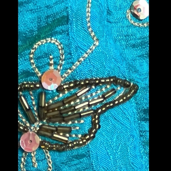 🆕🎁Gold embellished silk-like bright turquoise shoulder purse-vintage-like new - Picture 9 of 16